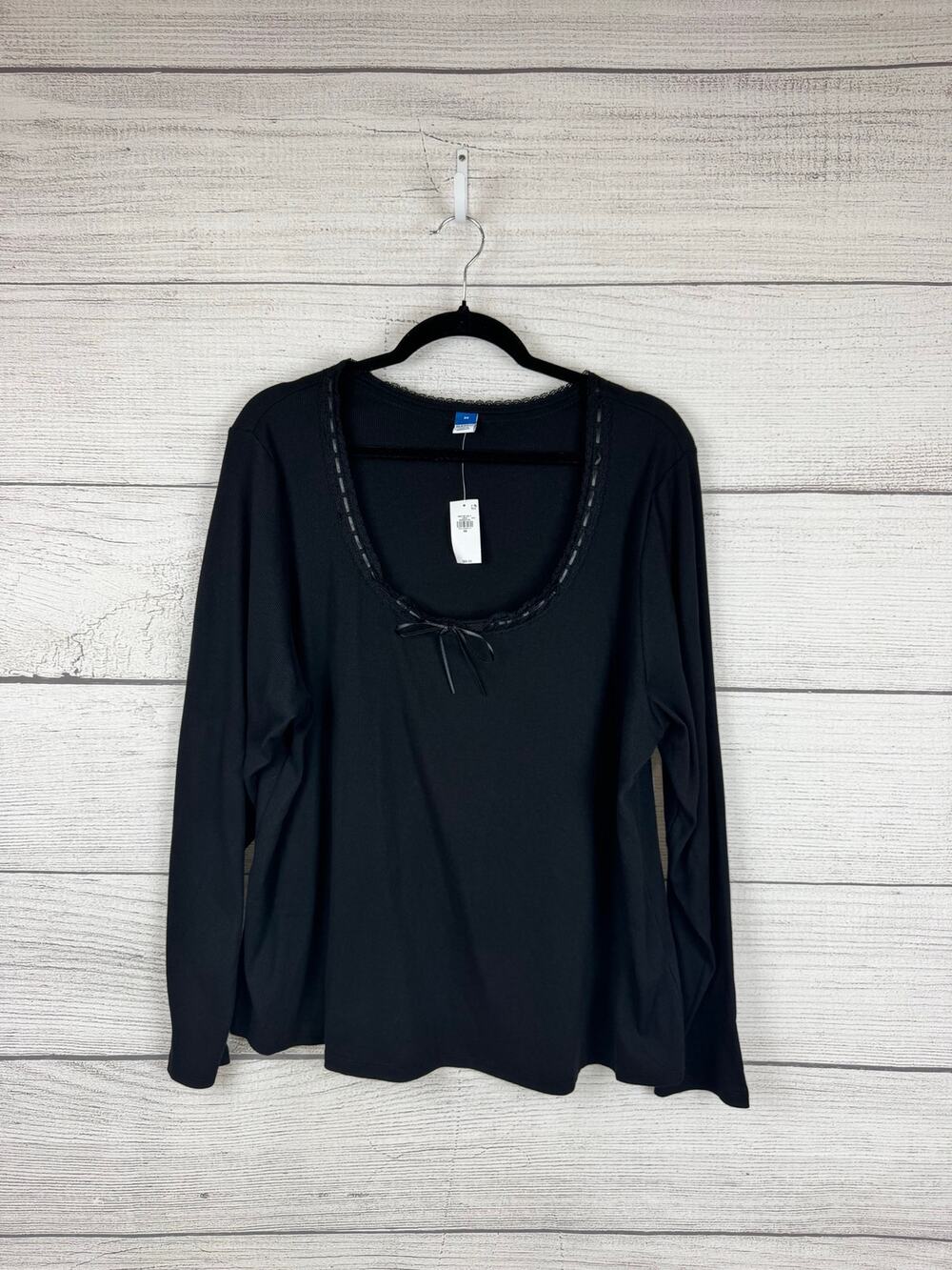 Old Navy Plus Size Black Ribbed Scoop Neck Bow Long Sleeve Top Size 3X